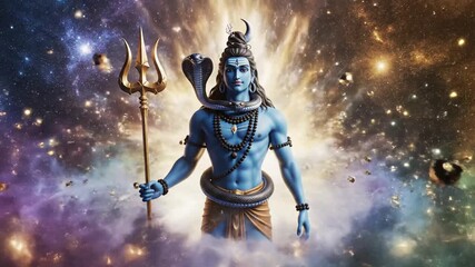 Cosmic depiction of Lord Shiva surrounded by vibrant nebulae and stars in a