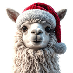 Fluffy white animal portrait wearing a festive red and white winter hat, clipart, isolated on a transparent background.