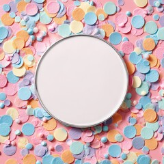 Overhead View of Colorful Confetti Surrounding a White Circular Space on a Pink Background