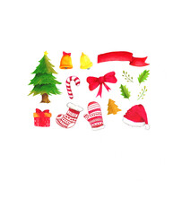 Hand drawn of Christmas and New Year&rsquo;s Element in watercolor and color pencil