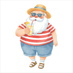 Santa Claus Drinking Lemonade Summer Watercolor Vector Isolated on White Background
