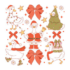 Christmas Goose Collection Vector, Hand Drawn Santa Goose Doodle, Trendy Christmas Animal Design Vector