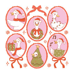Christmas Goose in Frames Collection Vector, Hand Drawn Santa Goose Doodle, Trendy Christmas Animal Design Vector