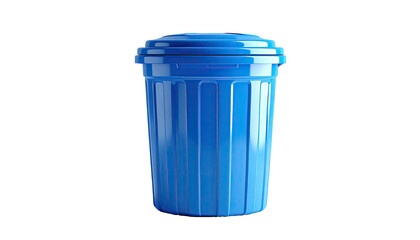 Blue plastic trashcan with lid, central, clean, against black