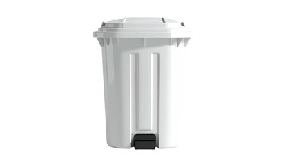 White plastic trash can, lid on, with foot pedal