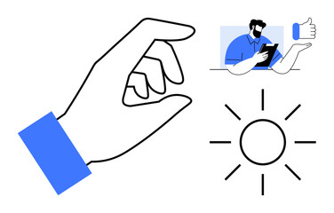 Hand making pinching gesture, glowing sun icon, man using tablet with thumbs up. Ideal for creativity, innovation, progress, approval, technology decision-making motivation. Simple flat metaphor