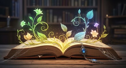 Enchanted book with glowing plants and magic necklace lying open