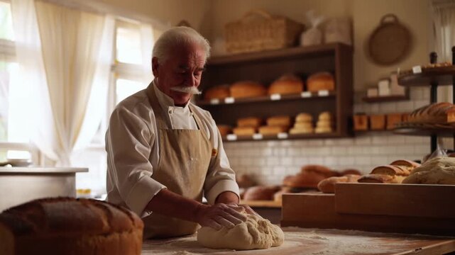 An elderly baker, kneading dough with care in his traditional bakery, surrounded by fresh loaves Stock Video