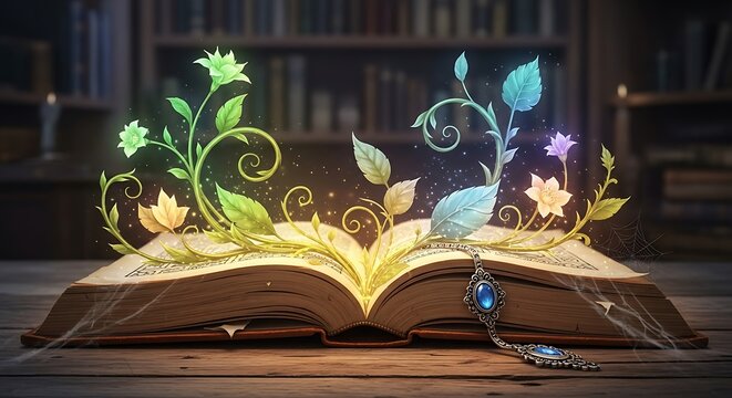 Enchanted book with glowing plants and magic necklace lying open