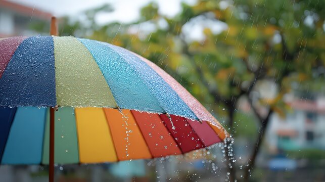 Rainbow Umbrella in Rain with Water Droplets and Blurred Green Background Featuring Trees and Buildings during a Rainy Day