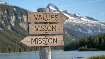 Wooden signpost vision values mission guiding direction near mountain lake with evergreen forest and snowy peak conveying inspiration and leadership for outdoor landscape