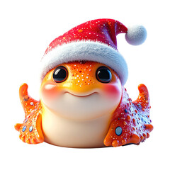 Adorable, spotted amphibian character wearing a festive red and white winter hat, clipart, isolated on a transparent background.