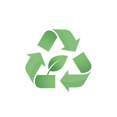 Green recycling symbol with a leaf in the center on a black background
