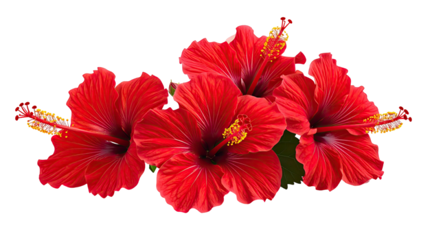 Four vivid red hibiscus flowers with detailed pistils on black