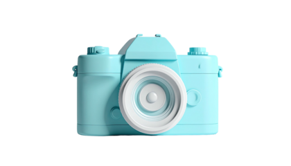 Turquoise camera with white lens against a dark background