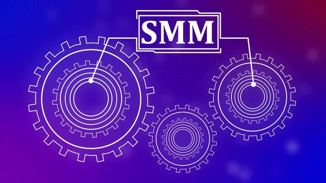 Digital smm Concept with Interconnected Gears and Business Icons on Blue Background marketing strategy. 4k motion graphics animation.