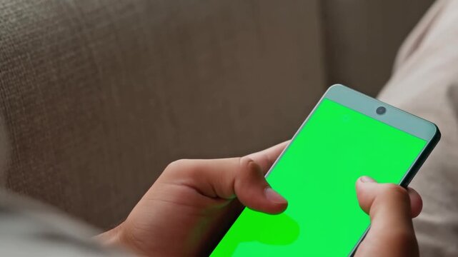 Hands holding a smartphone with a green screen, perfect for adding your own message. The screen contrasts the person's hands Stock Video