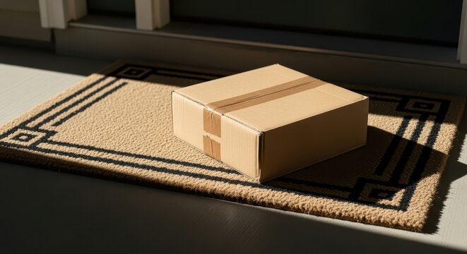 Sunlit cardboard package on welcome mat outside door - Powered by Adobe