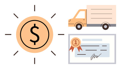 Coin with dollar sign, delivery truck, and award certificate with ribbon. Ideal for finance, logistics, e-commerce, certification, reward programs business growth trust-building. Simple flat