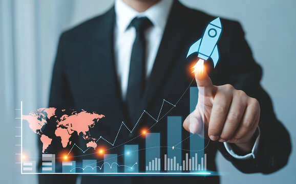 A businessman in a suit points to a rising bar graph and a rocket icon, symbolizing business growth, startup success, and financial progress on a global scale