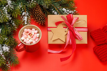 Gift box, cup with marshmallows, snowy fir branches