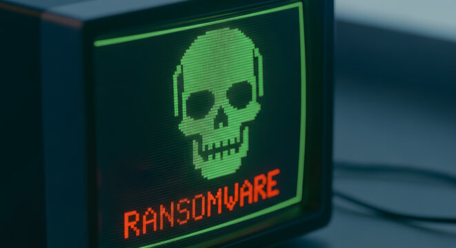 A close-up of a vintage computer screen displays a stark warning of a ransomware attack, its retro aesthetic heightens the sense of urgency. - Powered by Adobe