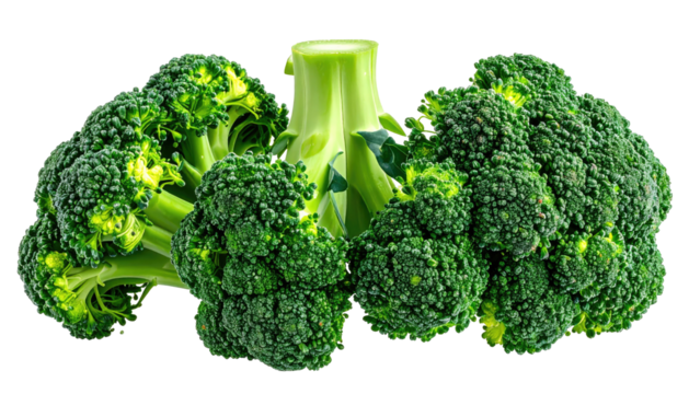 Group of green, leafy broccoli heads with stems