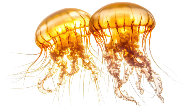 Golden translucent jellyfish swim, bioluminescent, elegant forms