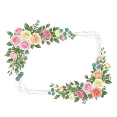 Floral frame with pink and yellow roses isolated on transparent background
