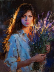 A 6-year-old blonde girl stands in a lavender field and holds a bouquet of lavender in her hands