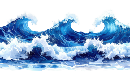 Rolling, watercolor-style blue waves with foamy white crests