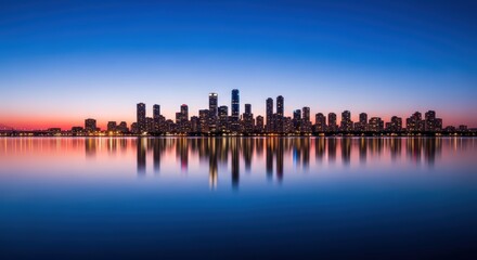 Serene skyline reflection of a dusk cityscape over calm water