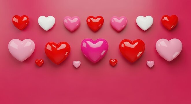 Colorful heart collection on pink background with various sizes and colors - Powered by Adobe