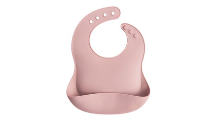 Trendy and modern silicone baby bib in light pink, ideal for feeding time and keeping clothes clean, a practical and stylish baby essential Isolated on white or transparent PNG.
