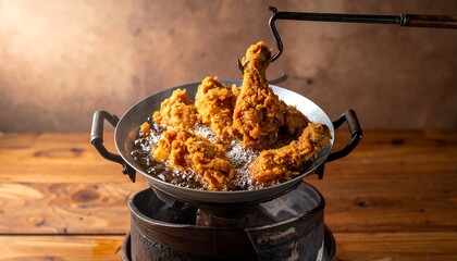 Crispy Fried Chicken on a Rustic Wooden Table.