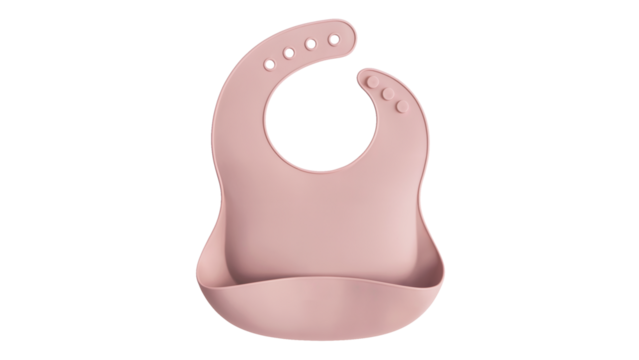 Trendy and modern silicone baby bib in light pink, ideal for feeding time and keeping clothes clean, a practical and stylish baby essential Isolated on white or transparent PNG.