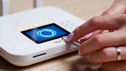 Woman using biometric fingerprint scanner on modern wireless router, highlighting digital security, smart authentication, and secure network access.
- Powered by Adobe