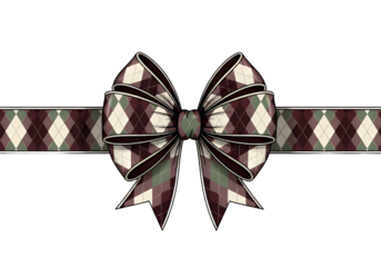 Elegant burgundy bow with argyle pattern, perfect for wrapping gifts or decorating invitations, adding a touch of classic style to your holiday season
