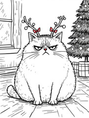 Grumpy Christmas cat, unhappy about wearing reindeer antlers costume. Hand-drawn style.