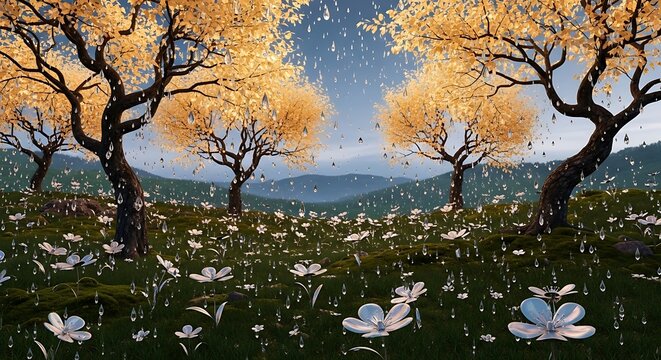 Fantasy spring landscape with blooming trees and flower field in rain