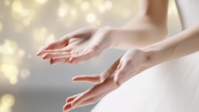 Gentle hands extending, exuding grace and elegance, with a delicate touch. The soft focus background creates a dreamy atmosphere.  Stock Video - Powered by Adobe