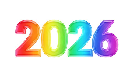 Colorful 2026 glossy 3d numbers with rainbow gradient design.