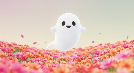 A Cheerful Spirit Amidst Blossoms: A whimsical, smiling ghost floats playfully above a vibrant carpet of colorful flowers, creating a scene of joyful innocence and lighthearted charm.