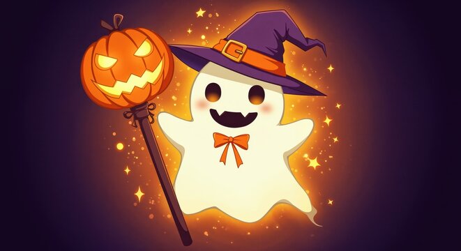 Halloween Ghost's Whimsical Magic: A charming ghost, adorned in a wizard's hat and bow tie, joyfully embraces the spirit of Halloween, holding a glowing pumpkin scepter.