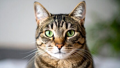 Close-up of a focused tabby cat with striking green eyes.