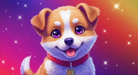 Radiant Puppy Portrait: An adorable puppy with a captivating smile against a vibrant, iridescent backdrop, it's cute eyes radiate warmth and charm.