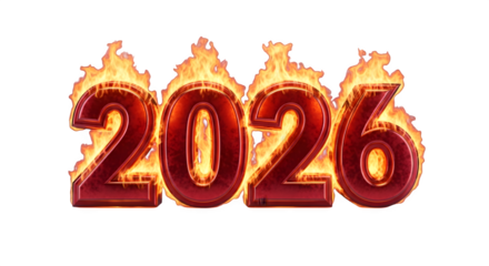 Burning 2026 digits engulfed in fiery flames, hot energetic