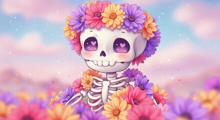 Fototapeta premium Whimsical Skeleton in a Floral Embrace: A charming, friendly skeleton adorned with a crown and garland of colorful flowers, basking in the joy of nature, showcasing the beauty of life.