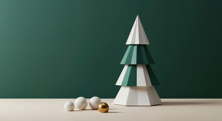 Geometric Christmas Tree Display: A minimalist holiday arrangement features a modern, geometric Christmas tree crafted from layered shapes.