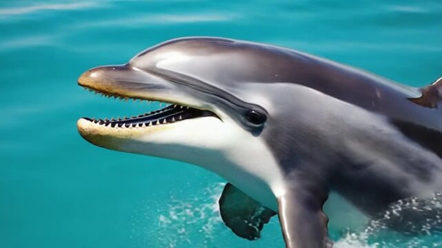 Close up of a dolphin swimming in clear blue ocean water with its mouth slightly open showing teeth dolphin video